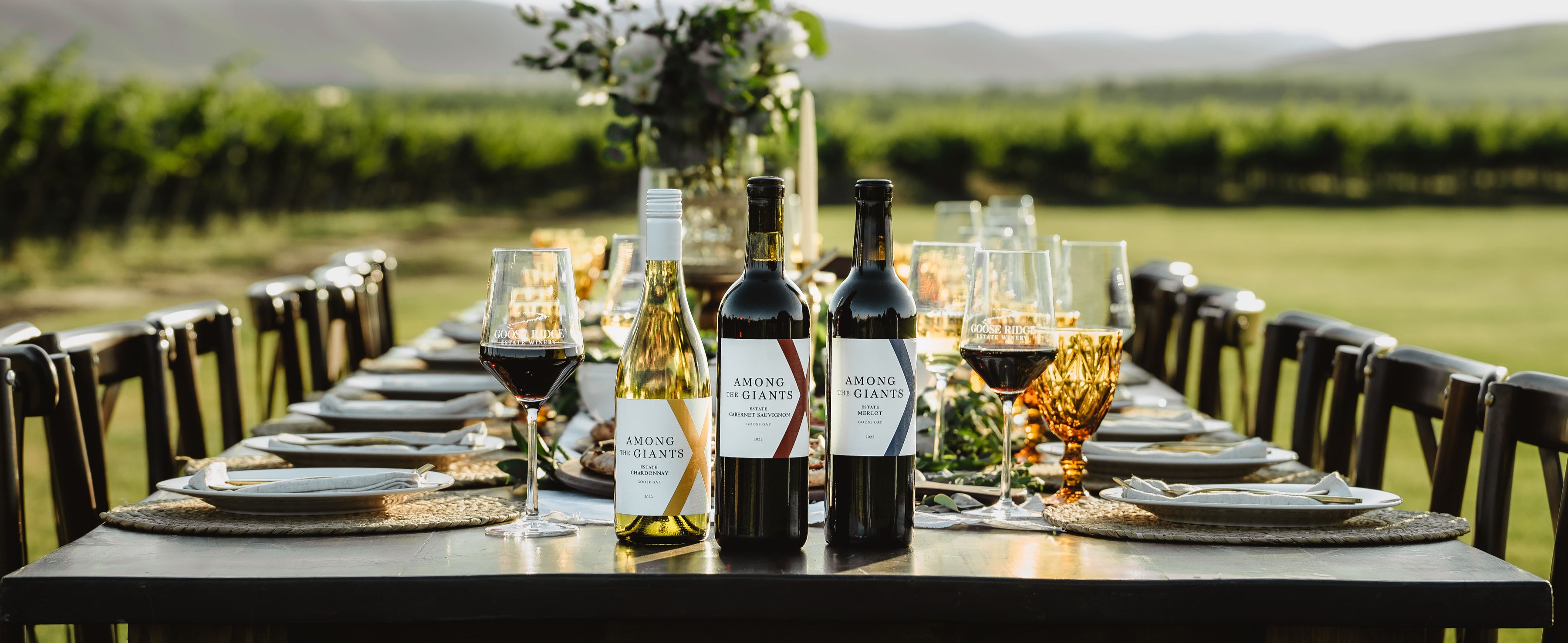 Bottles of wine in a pastoral setting